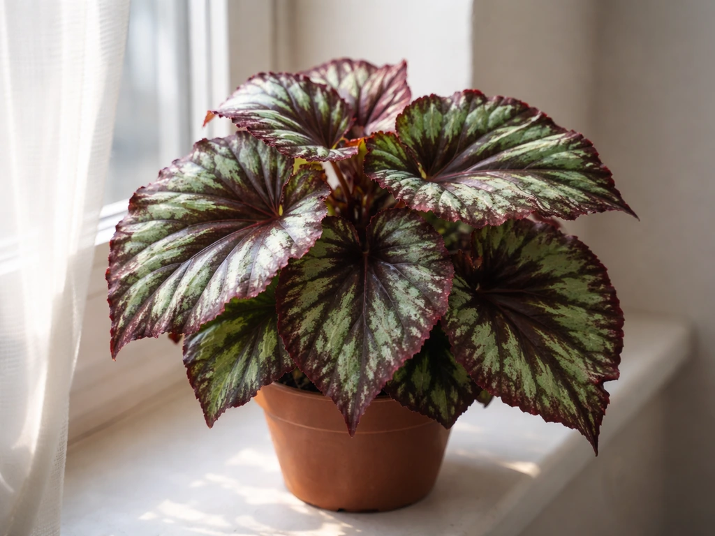 Healthy rex begonia leaves in soft indirect light behind a sheer curtain near a window, no scorch marks.