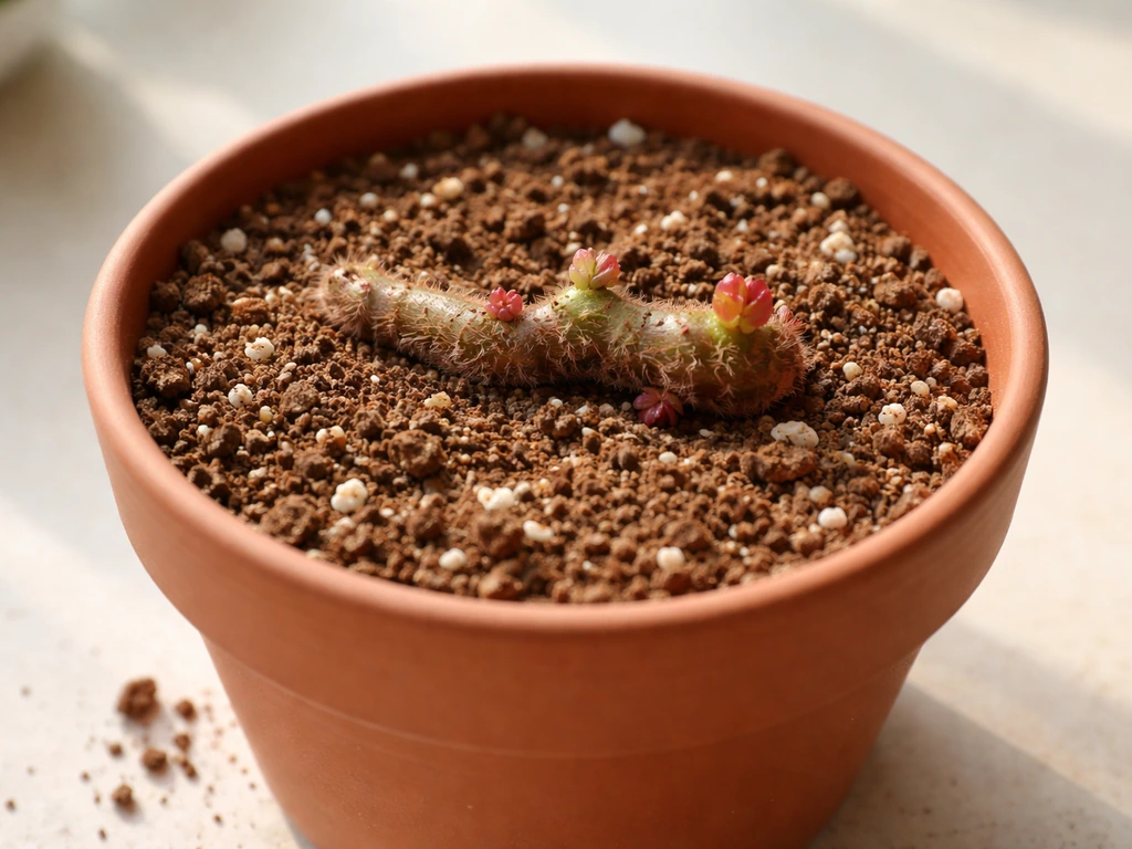 Terracotta pot with airy fast-draining mix and an exposed rex begonia rhizome near the surface.