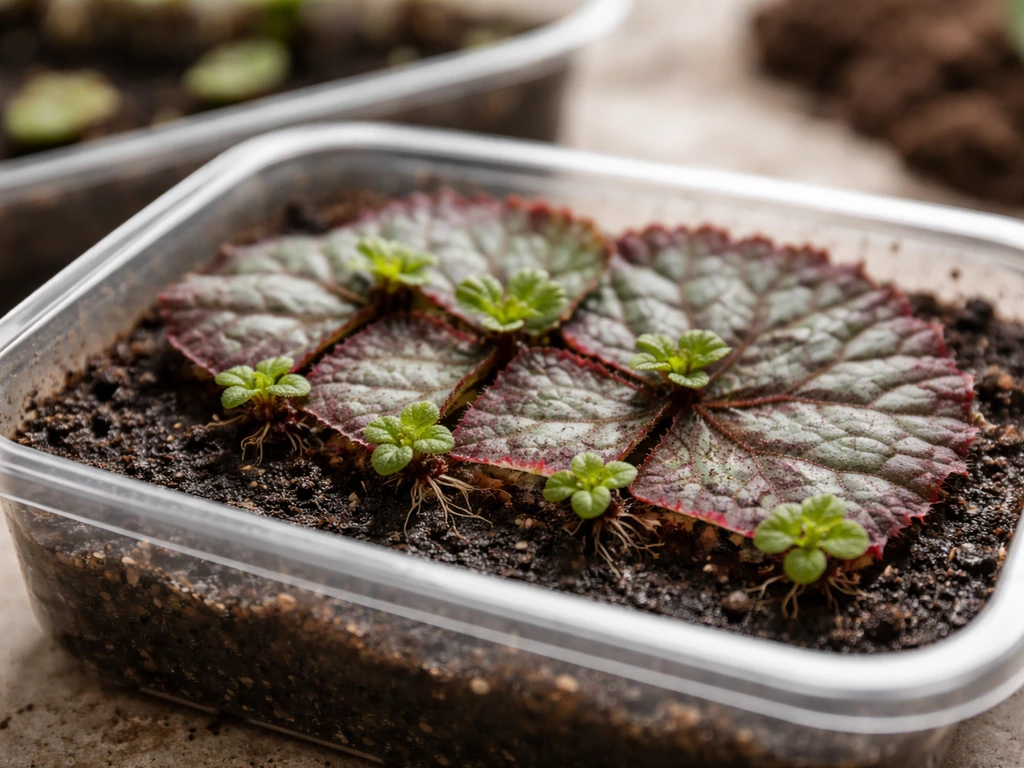 A healthy rex begonia leaf on moist propagation medium with tiny new plantlets starting to grow