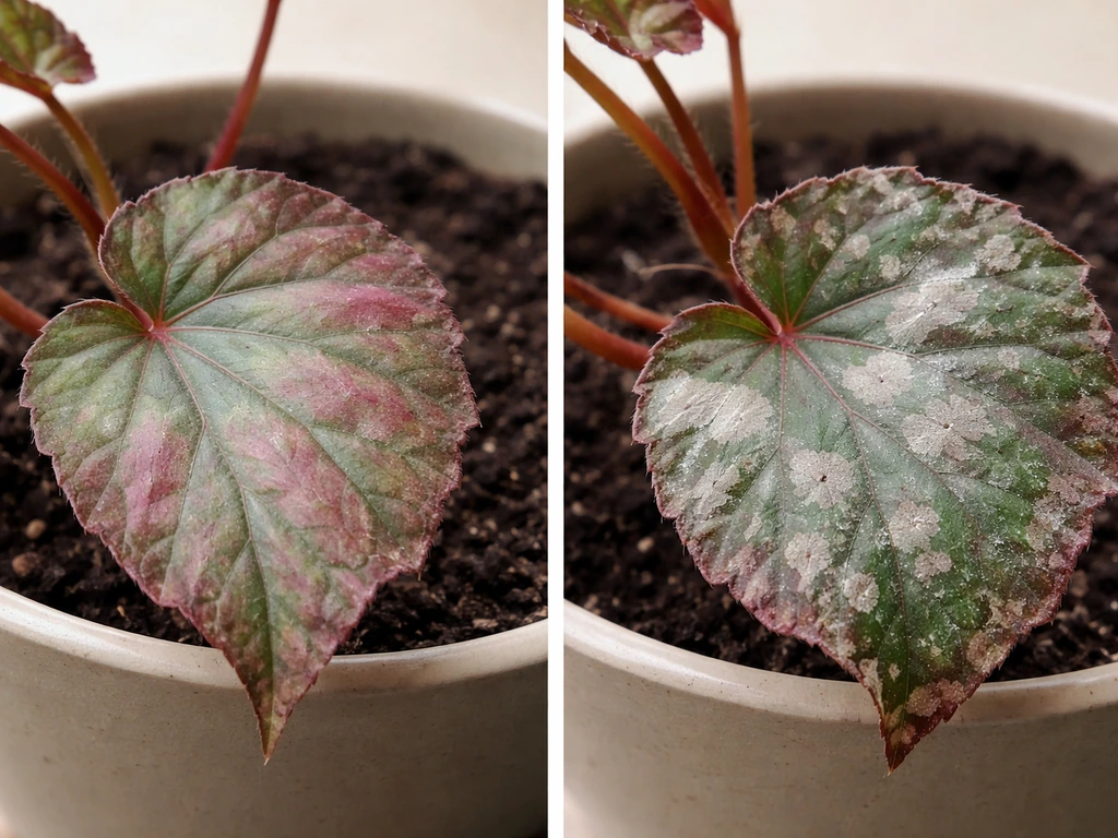 Side-by-side close-ups of a rex begonia leaf: one faded and dull, one with powdery mildew-like white spots.