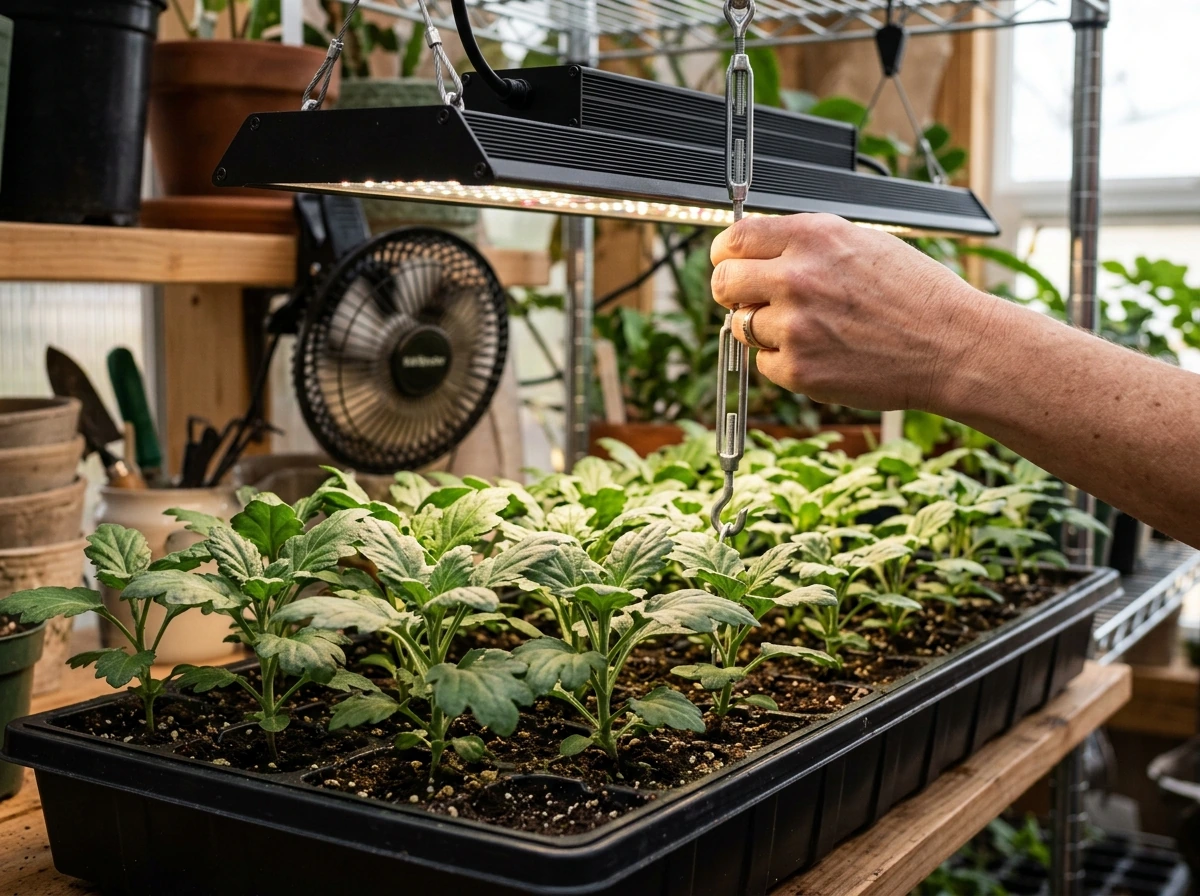 Healthy mum seedlings under grow lights in a seed-starting tray