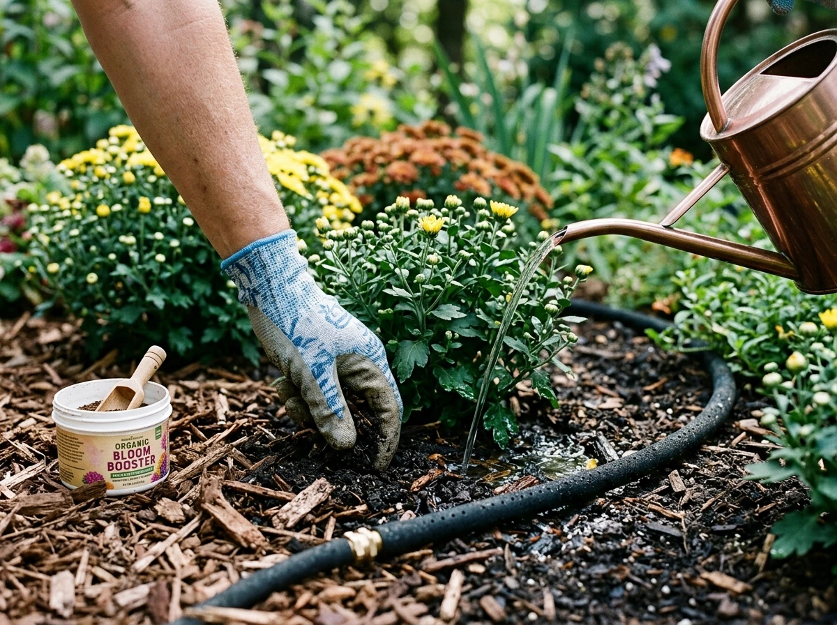 Watering and feeding fall mums with consistent soil moisture