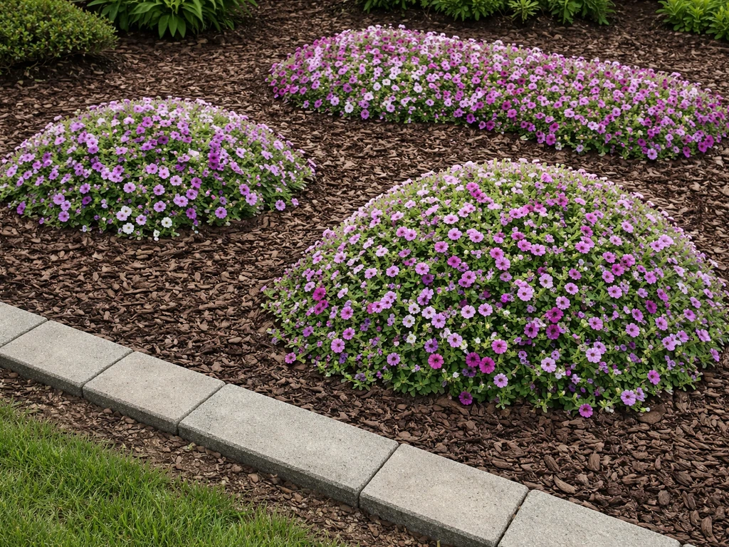 Three petunia beds in bloom showing spreading, mounding, and groundcover growth habits in a simple garden