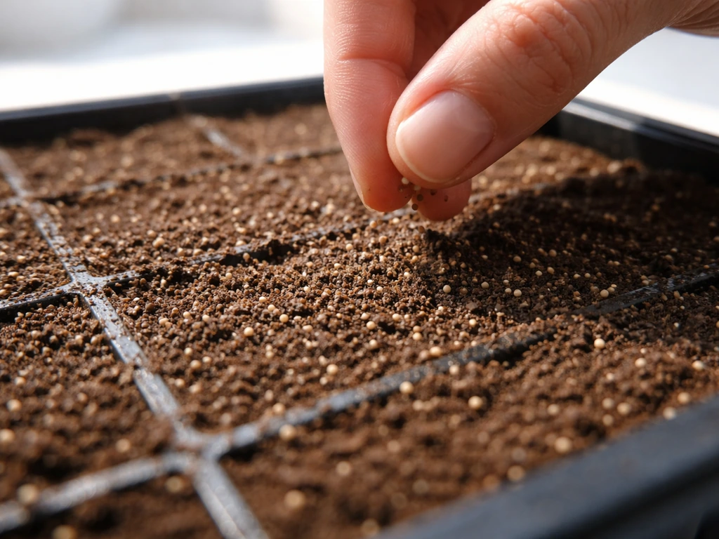 Hand surface-sowing tiny petunia seeds into a shallow moistened seed-starting tray under bright light.
