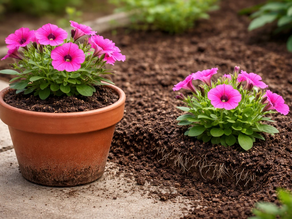 Healthy petunias after transplanting in a pot and in-ground bed, showing fresh roots and new growth at the base.