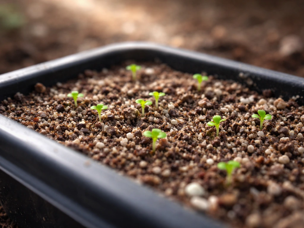 Close-up of petunia seedlings sprouting at the soil surface with soft daylight exposure.