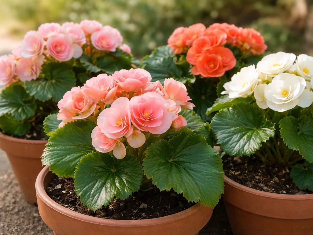 Healthy begonias in bloom with mixed pink, coral, and white flowers in pots, vivid leaves in natural light.