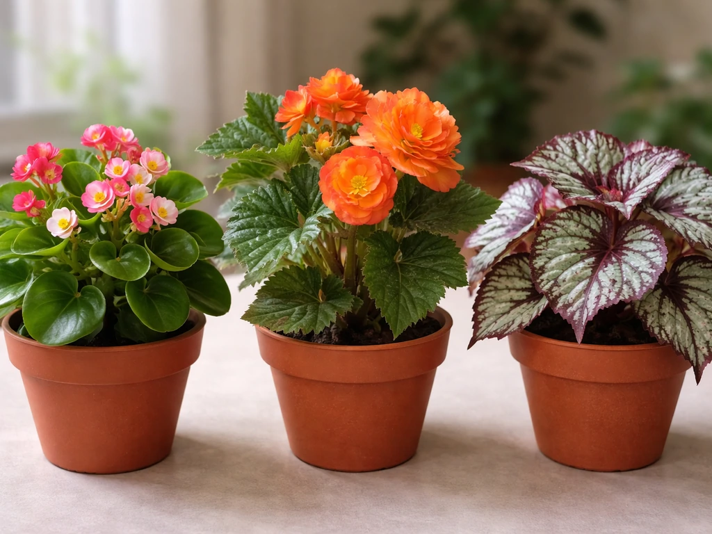 Three distinct begonia types in small pots side by side: waxy bedding, tuberous, and rex-like foliage.