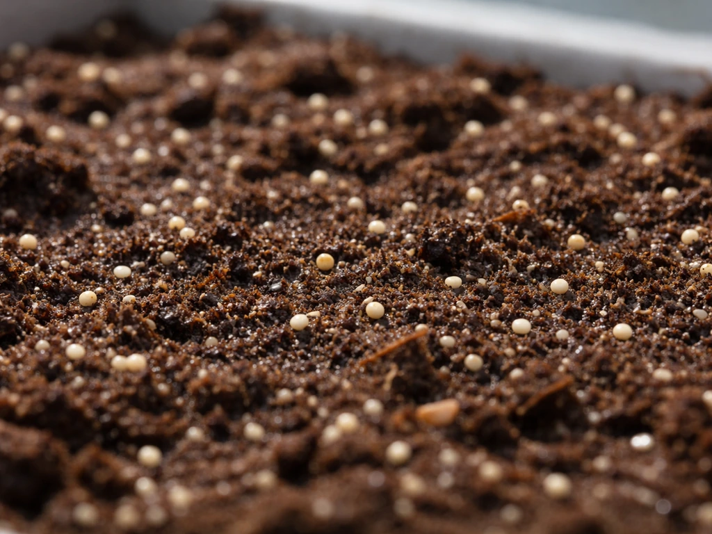 Pelleted wax begonia seed resting on moist seed-starting mix under bright light, showing seeds are not buried.