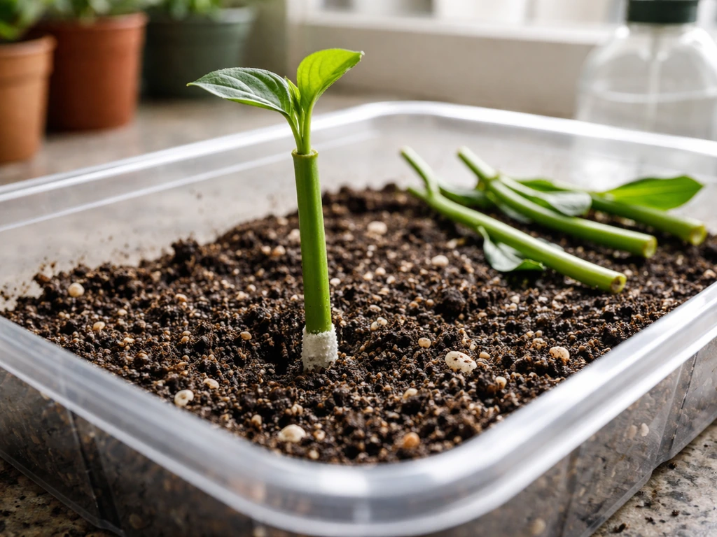 Close-up of a single stem cutting inserted in moist potting mix in a clear propagation tray.