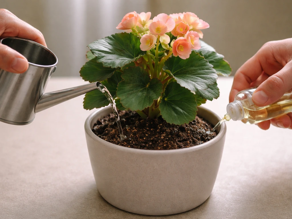 Hands watering and applying liquid fertilizer to a begonia’s soil in a small pot.