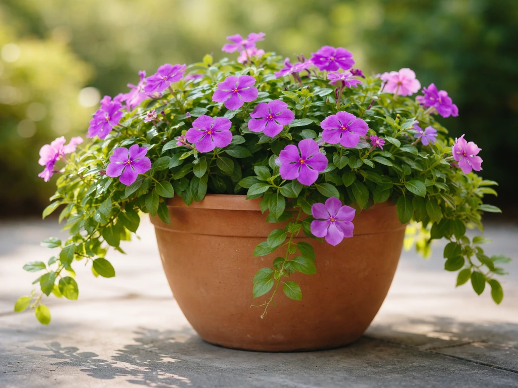 Lush purple periwinkle in a clay pot on a sunny patio with trailing stems and bright flowers.