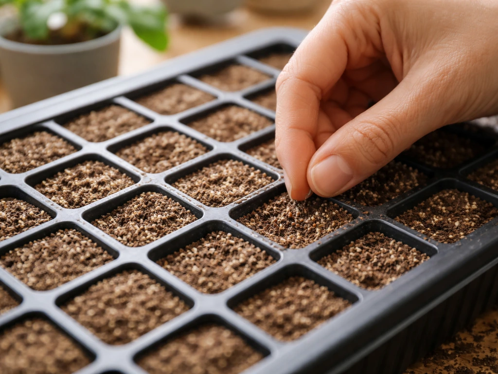 Hand placing tiny Catharanthus roseus seeds into a filled seed tray cell, lightly covered with soil.