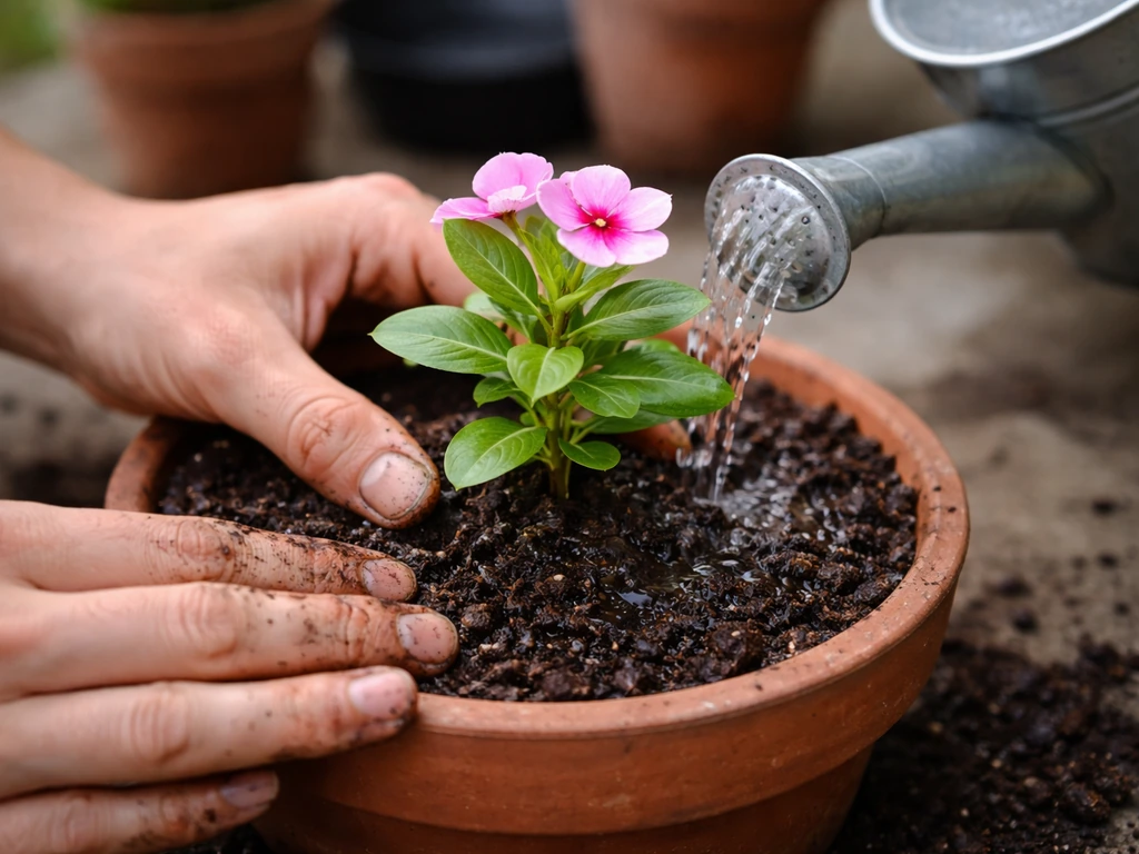 Hands placing a Catharanthus roseus seedling into a pot of prepared soil, then watering it