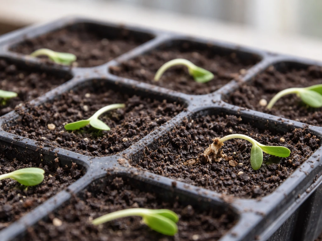 Collapsed seedlings at the soil line in a seed-starting tray, showing damping off.