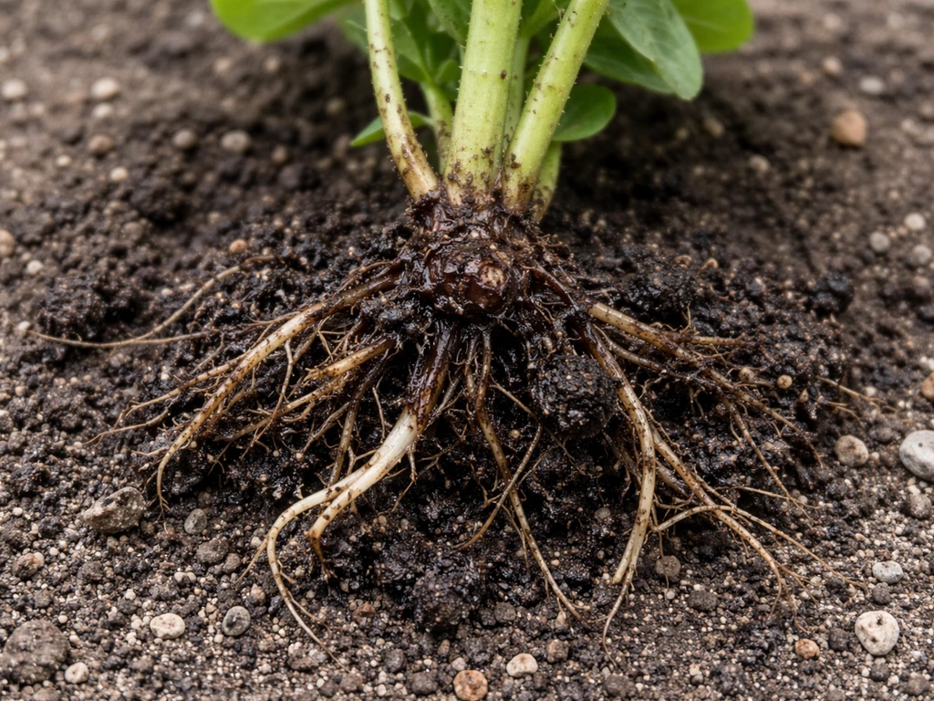 Close-up of an uprooted vinca plant base with unhealthy, dark roots in damp soil, showing fungal root rot effects.