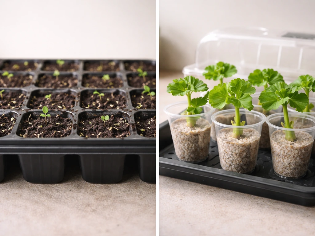 Split scene showing geranium seed-starting trays on one side and cuttings in propagation cups on the other.