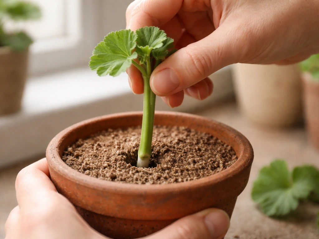 Close-up of placing a fresh geranium stem-tip cutting just below a node into rooting medium