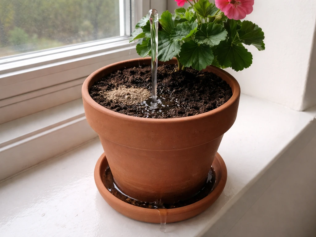 A potted geranium soil is thoroughly watered to runoff, with the top inch visibly drying.