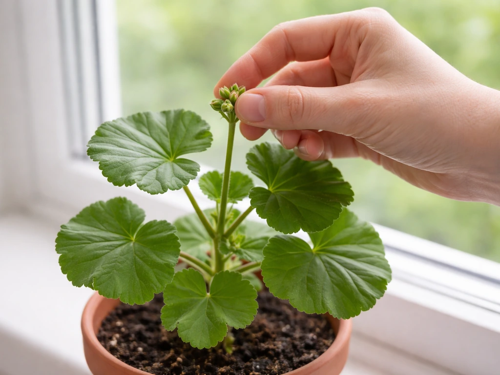 Hands pinching a geranium growth tip above a leaf node in a bright, minimal indoor setting.
