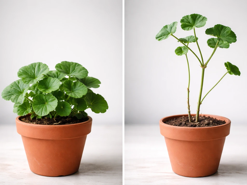 Close-up of a geranium plant showing leggy, weak growth beside a healthier compact plant in simple pots.