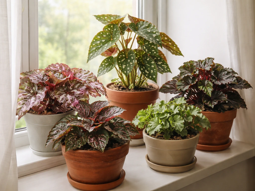 Lush potted begonias on a bright windowsill in indirect light, showing different leaf varieties.