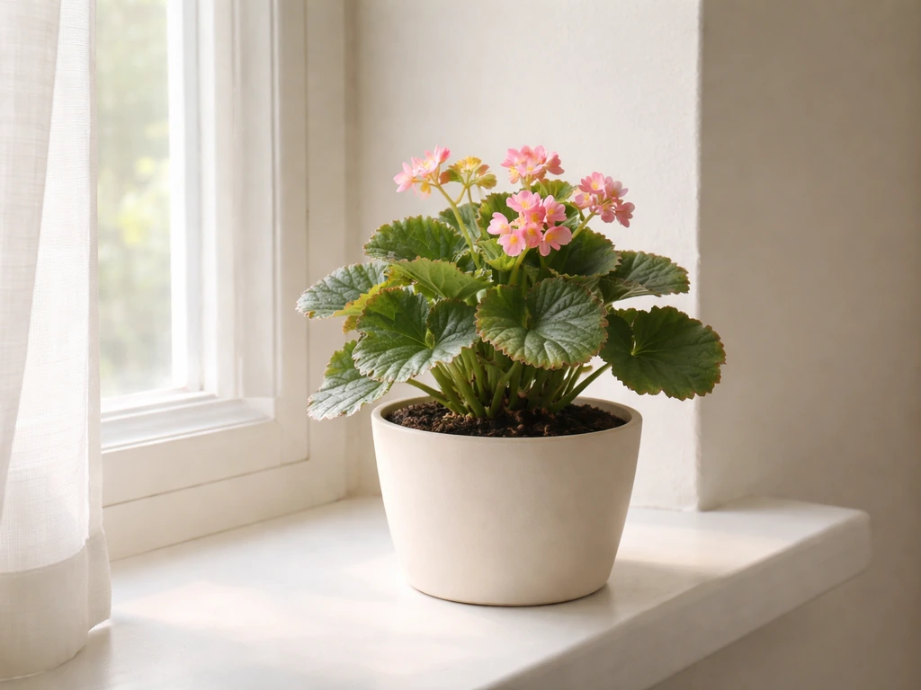 Begonia plant by a window in bright, indirect light behind a sheer curtain.