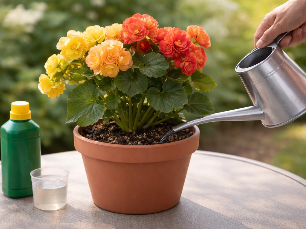 Hand waters begonia at the base; darkened soil with fertilizer bottle and measuring cup nearby.