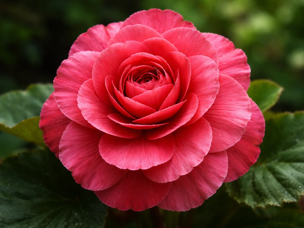 Close-up of a double-flowered tuberous begonia with thick, layered rose-like petals in natural light.