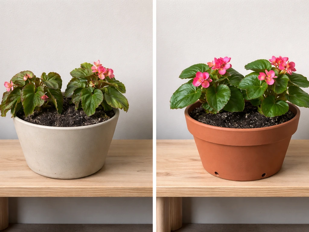 Two potted begonias side-by-side: stalled plant in a no-drainage pot vs healthier plant in a drainage pot.