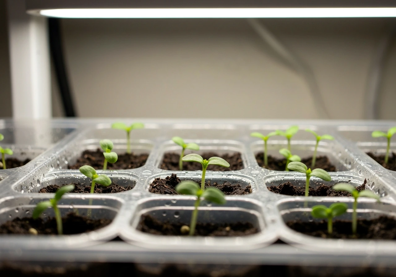 Delicate begonia seedlings under a soft grow light in a clear seed tray