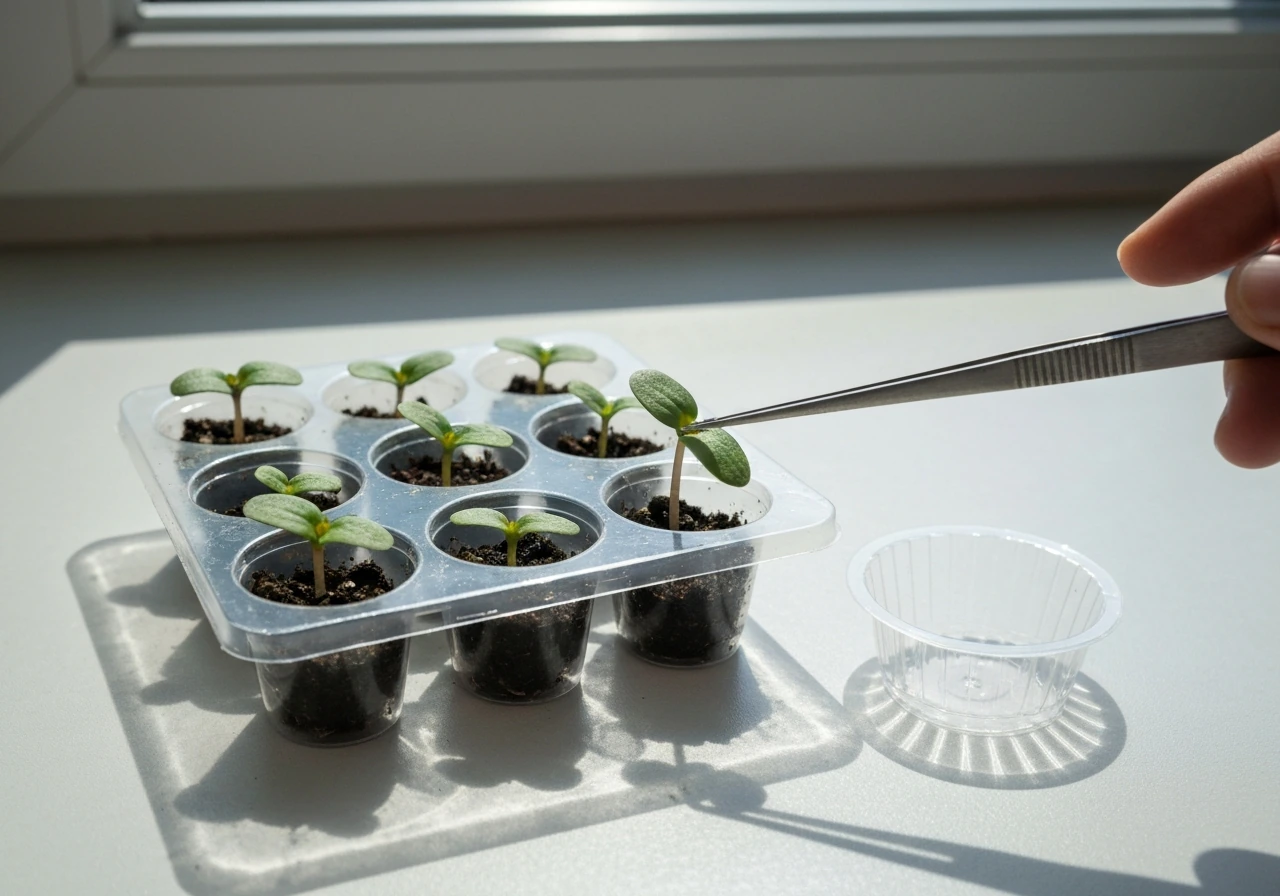 Begonia seedlings with first true leaves being gently potted into individual propagation cells in a clean tray