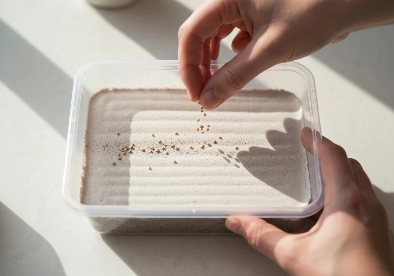 Close-up of begonia seeds being sprinkled on pre-moistened sterile seed-starting mix in a clean container.
