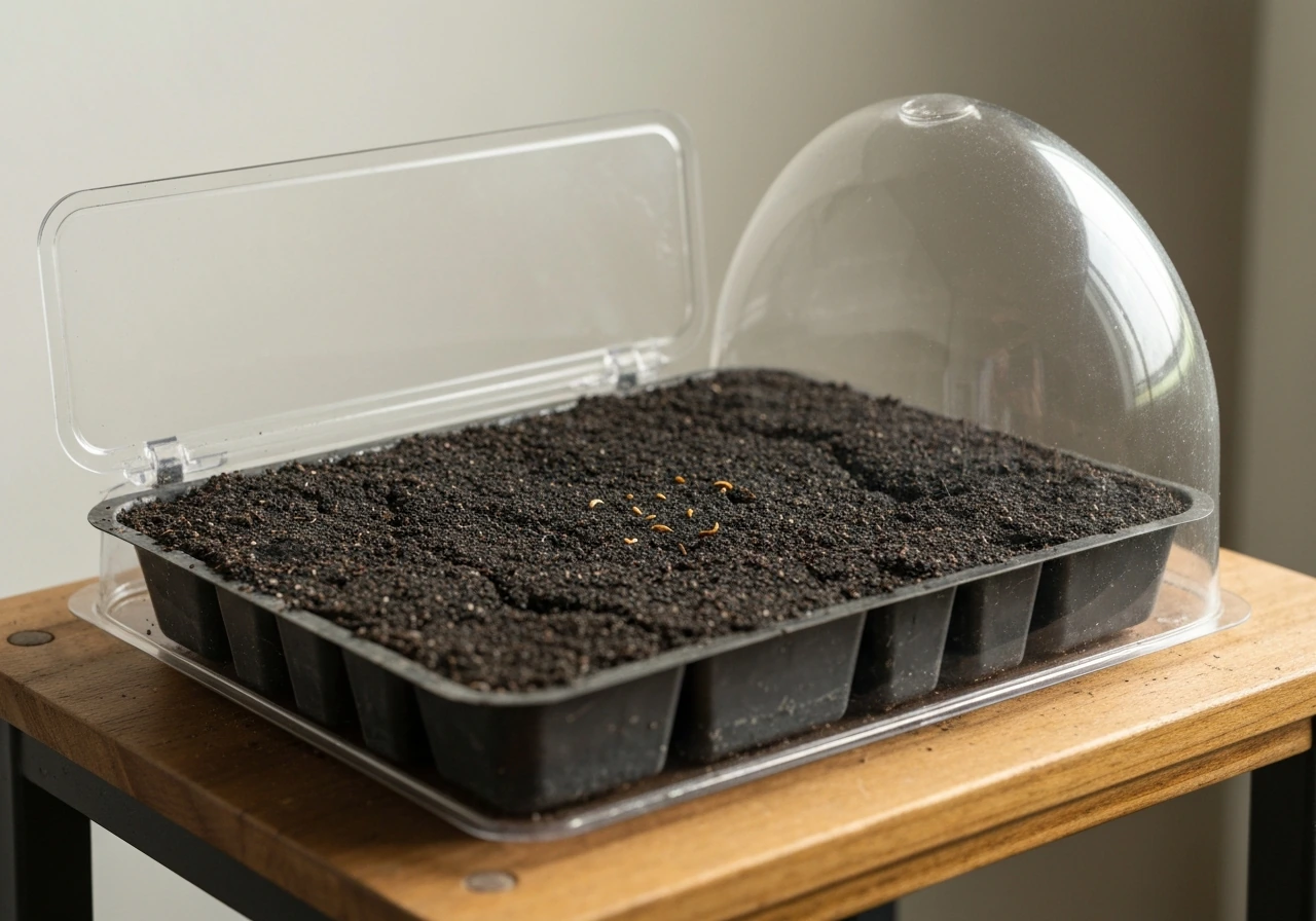 Close-up of a seed-starting tray with a dry surface inside a humidity dome enclosure.