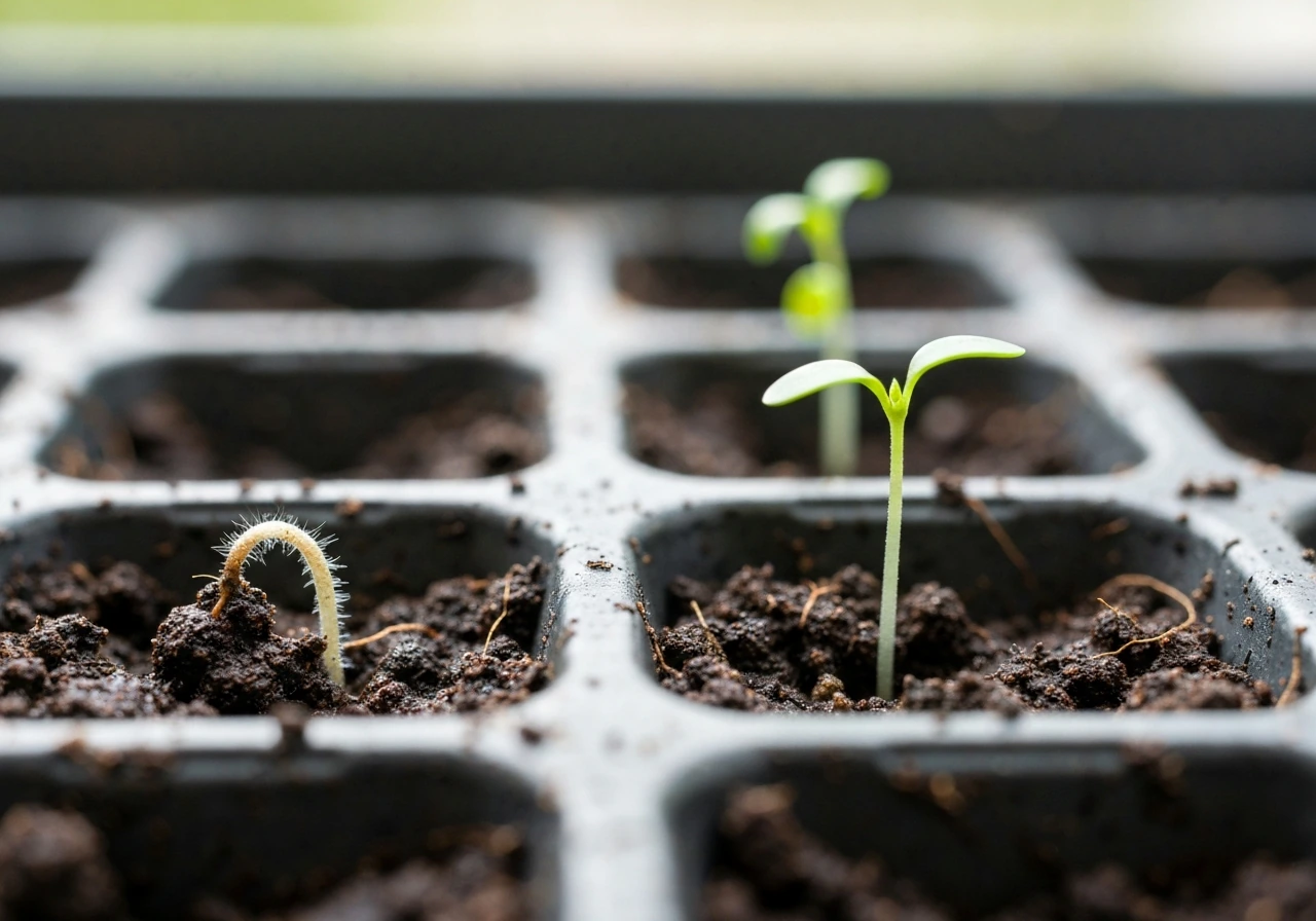 Close-up of damp soil with one collapsed rotting seedling beside a healthy tiny green sprout