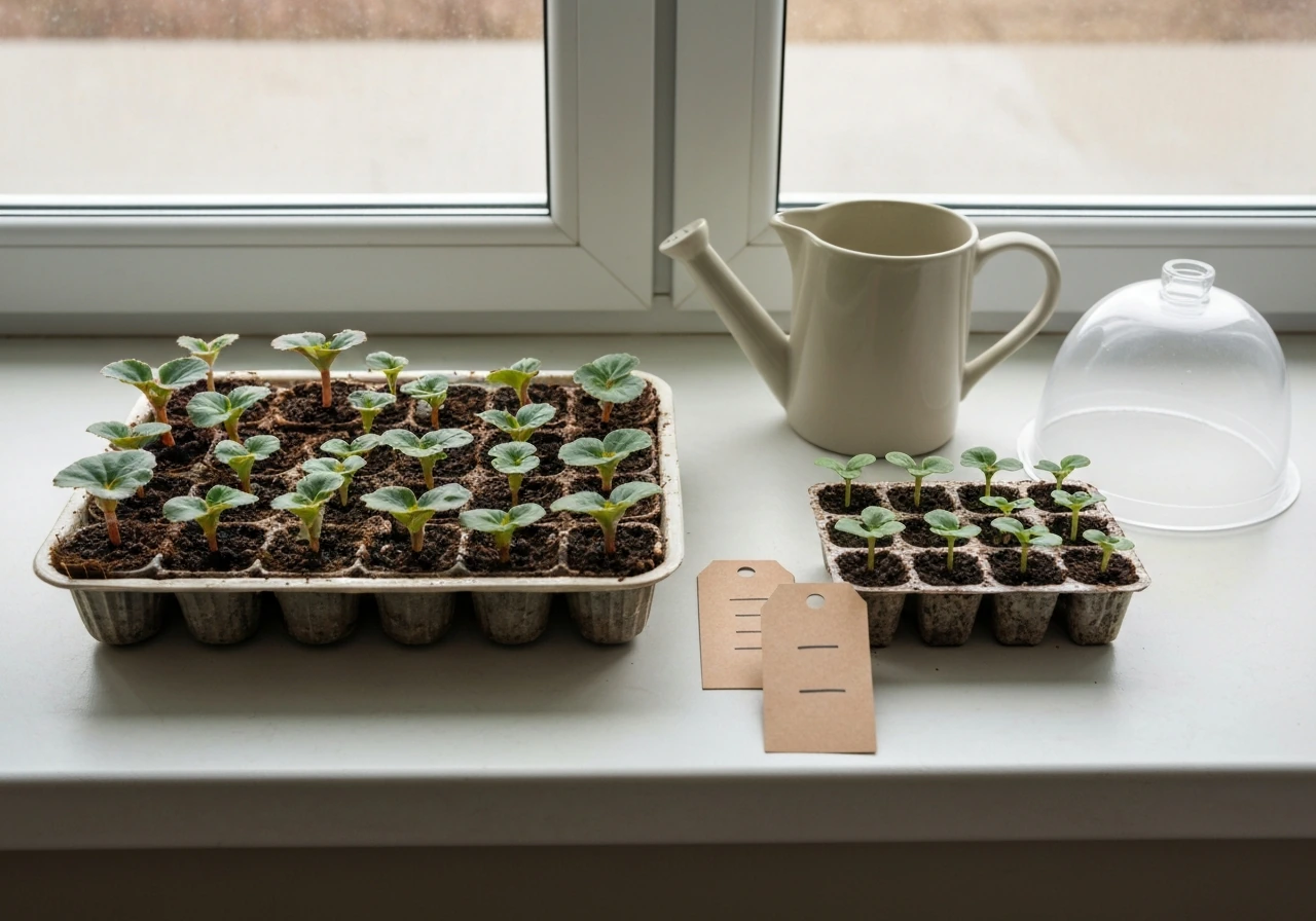 Seedling begonias in trays on a sunlit windowsill, with blank markers suggesting a seed-to-bloom timeline.