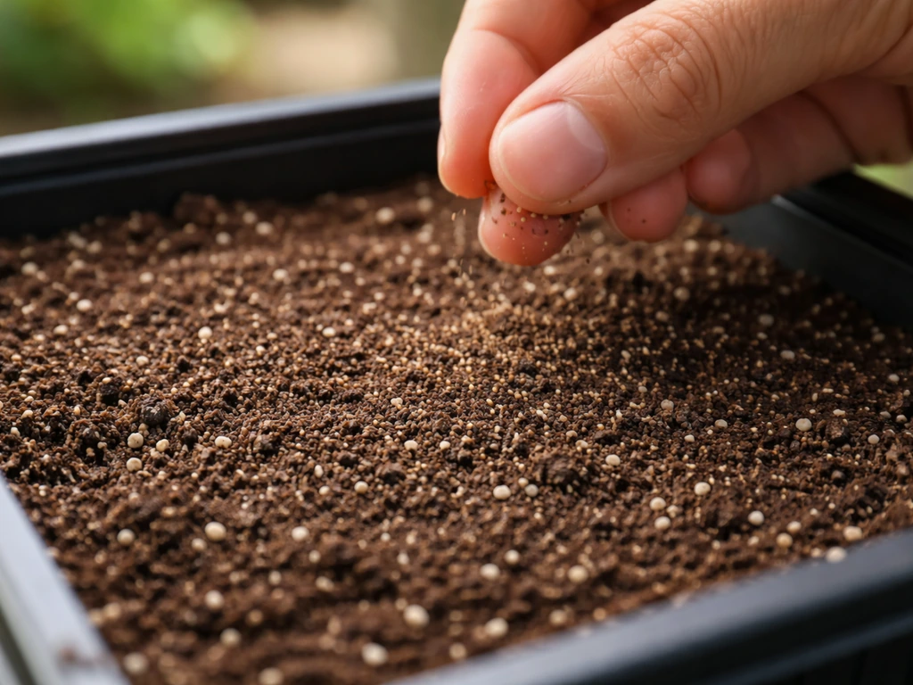 Tiny petunia seeds being scattered onto seed-starting mix with light coverage in a close-up