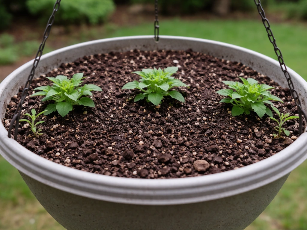 Three evenly spaced petunia seedlings in a 10–12 inch basket with potting mix visible.