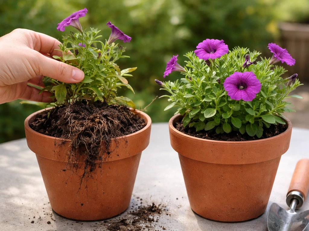 Close-up of two petunia plant pots showing legginess and wilting, with a hand checking roots and soil moisture