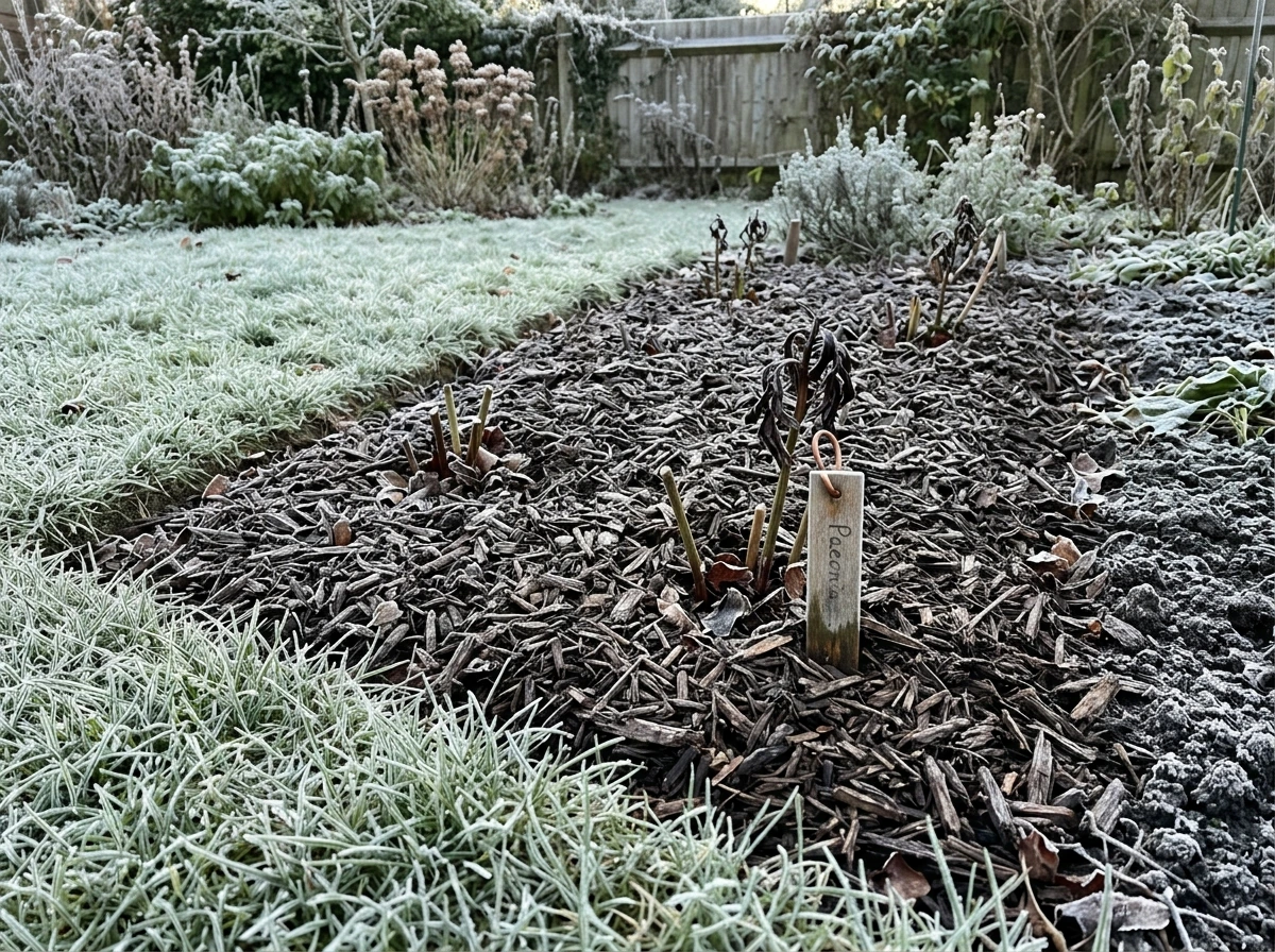 Mulch applied after soil freezes over a peony planting