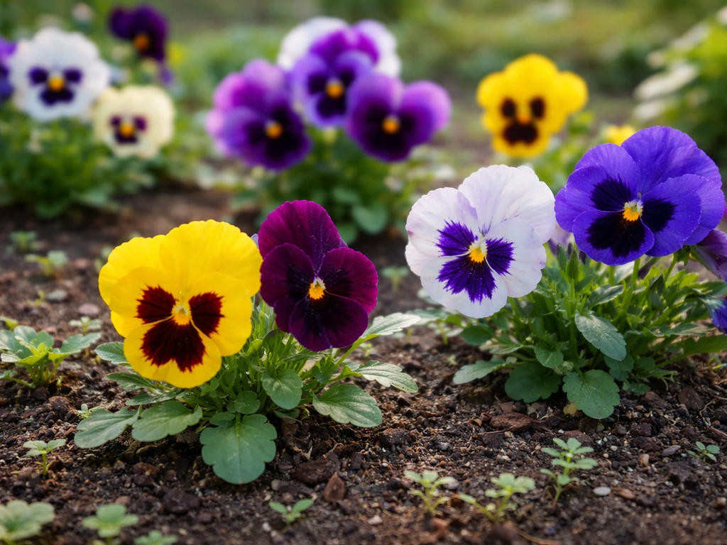 Vibrant pansy flowers blooming in a cool-weather garden bed with soft morning light.