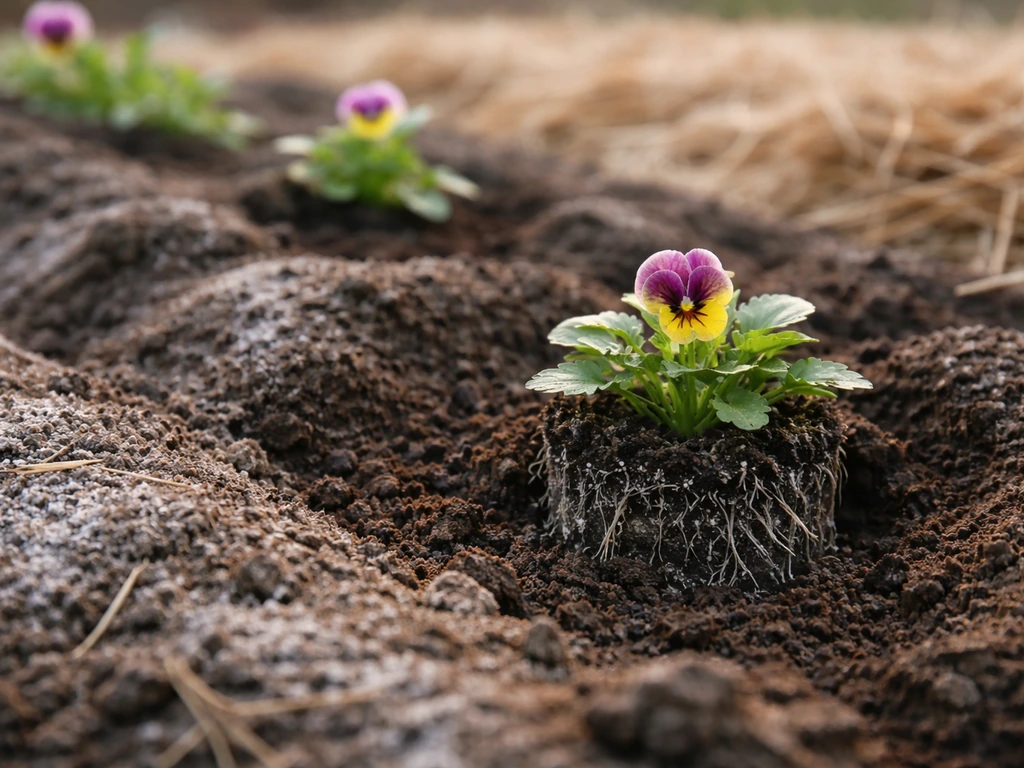 Young pansy transplants planted in cold spring soil in a simple garden bed.
