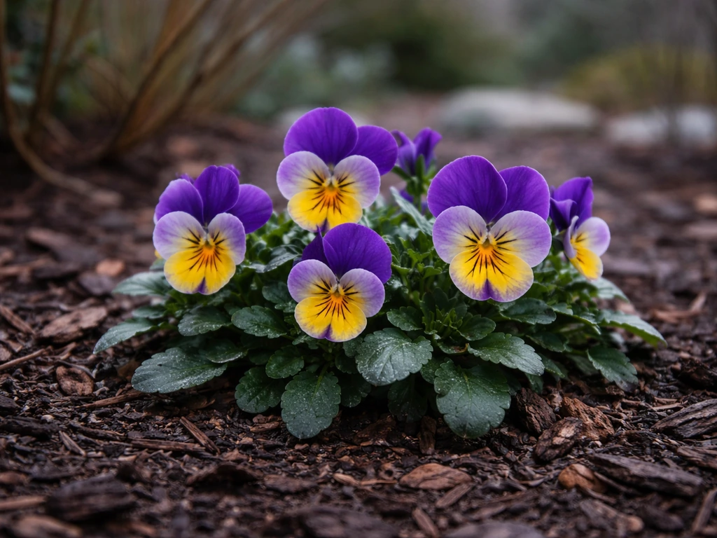 Purple and yellow winter pansies blooming outdoors beside evergreen foliage in mild winter garden