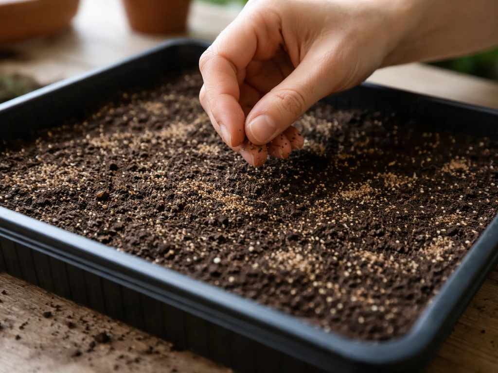 Hands surface-sowing pansy seeds into fine soil, barely covered with visible light on the surface.