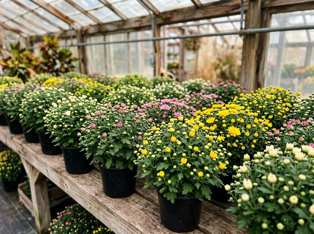 Garden mums in 8-inch pots showing full, bushy, market-ready growth