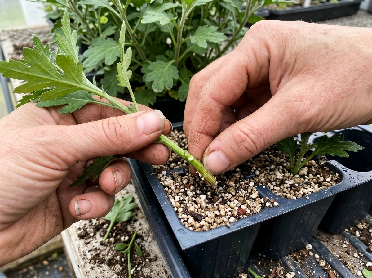 Close-up of taking and potting vegetative mum cuttings