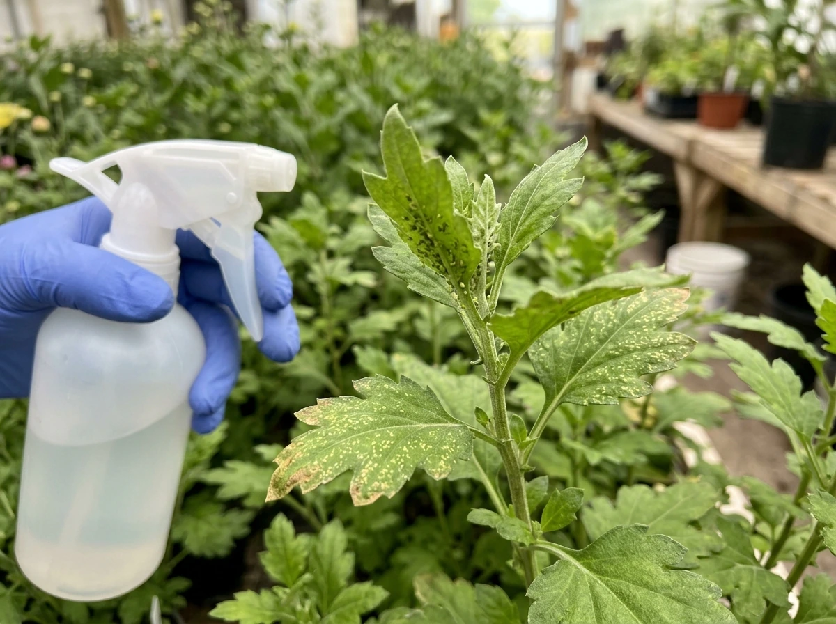 Aphids and spider mites spotted on mum foliage with treatment readiness