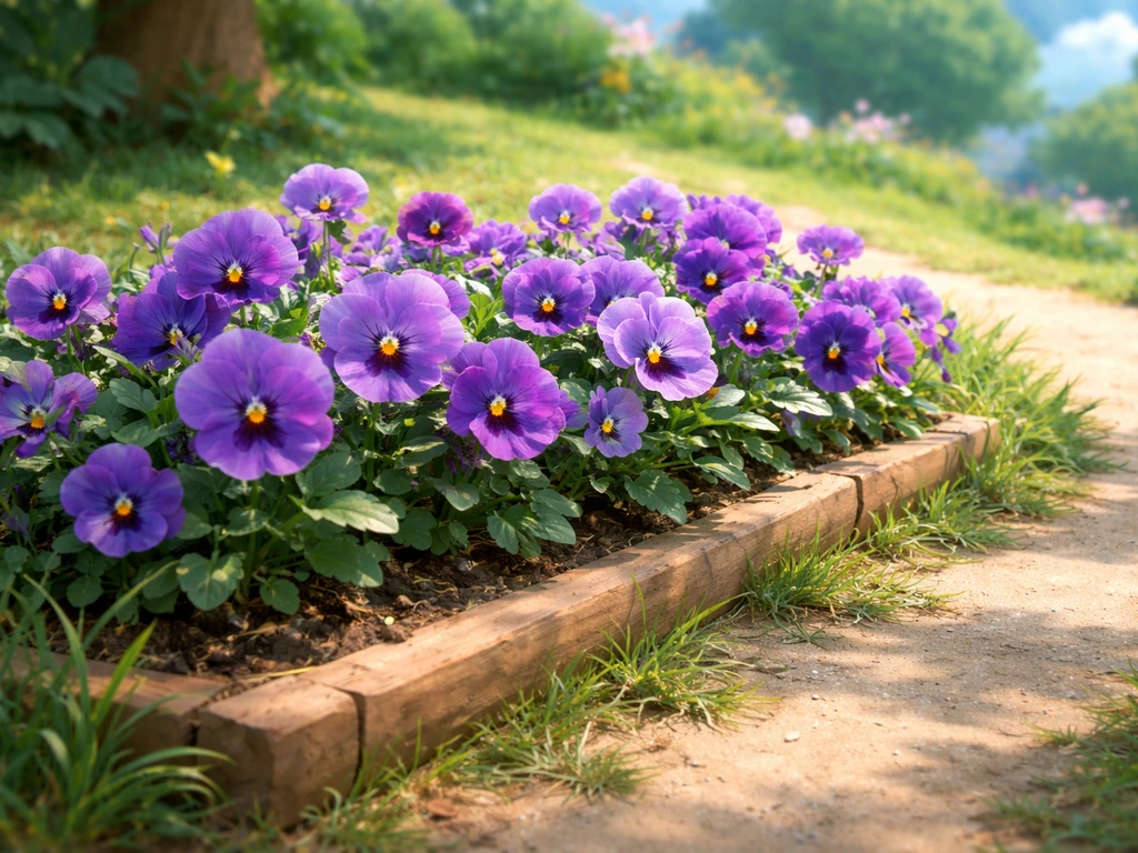 Vibrant purple pansies fully blooming in a neat ACNH-style garden bed on an island path.