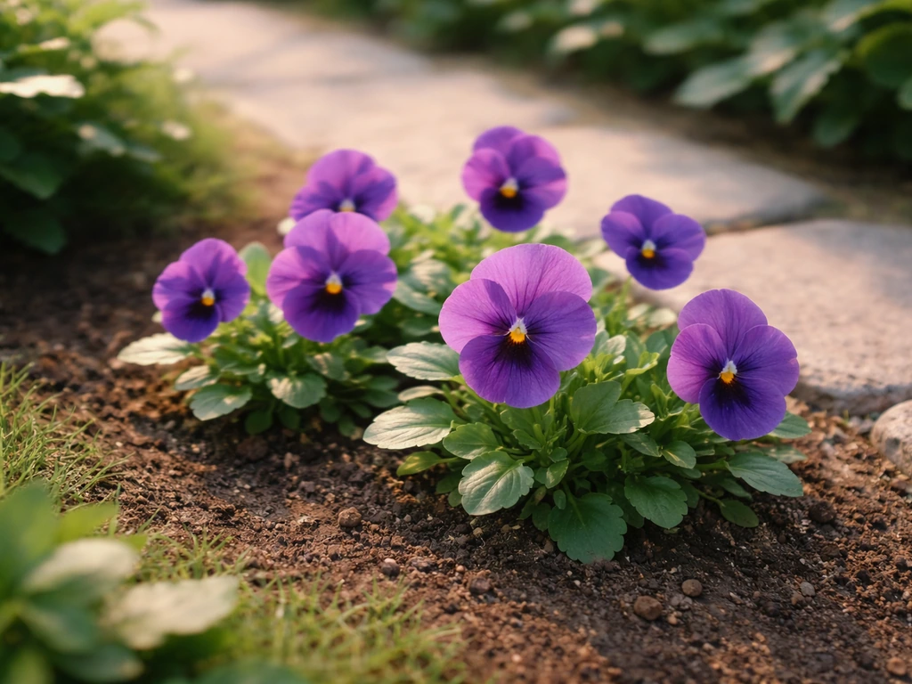 Purple pansies blooming on a quiet ACNH-style island path