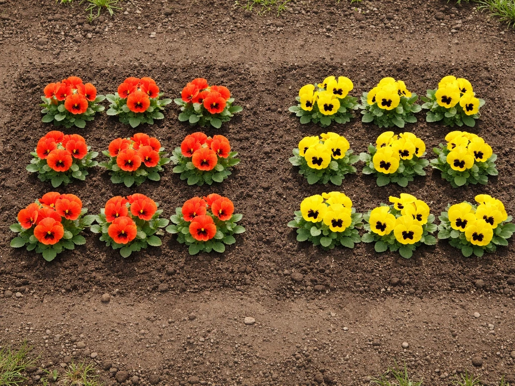 Top-down view of a simple ACNH-style flower grid with red and yellow pansies placed diagonally for breeding